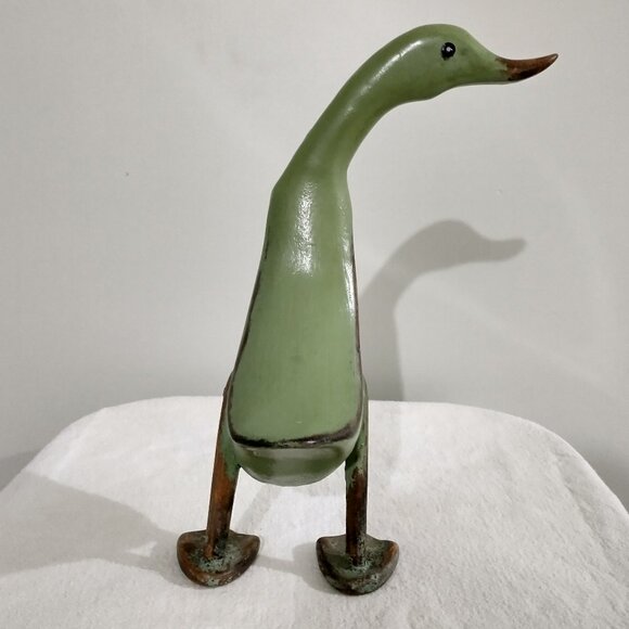 Dcuk Primitive Bamboo Root Hand Painted Wood Sage Green 11.5" tall Duck - Picture 3 of 10